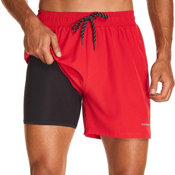 Mens Swim Trunks 5" Inseam Quick Dry Swimsuit with Compression Liner and Pockets